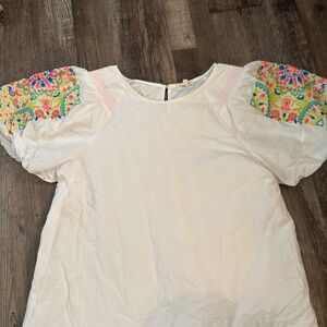 White Top with Colorful Embroidered Sleeves